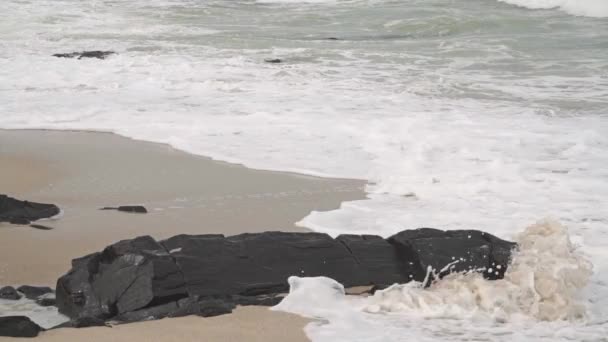 Wellen am felsigen und sandigen Strand. Zeitlupenvideo aufgenommen an bewölkten Tagen — Stockvideo