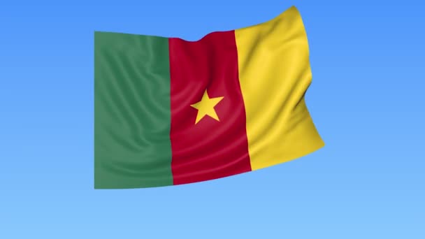 Κουνώντας τη σημαία του Καμερούν, αδιάλειπτη βρόχο. Ακριβές μέγεθος, μπλε φόντο. Ορίστε το μέρος όλων των χωρών. 4k Prores με άλφα. — Αρχείο Βίντεο