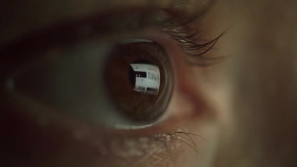 Olho feminino com reflexo de páginas da internet. Extremo close up de vídeo — Vídeo de Stock