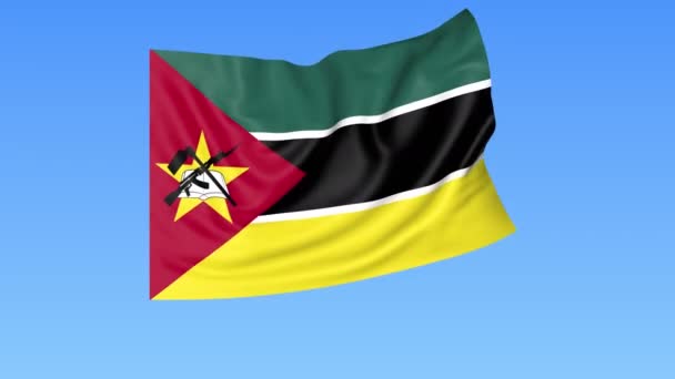 Ondeando la bandera de Mozambique, lazo sin costuras. Tamaño exacto, fondo azul. Parte de todos los países establecidos. ProRes 4K con alfa . — Vídeo de stock