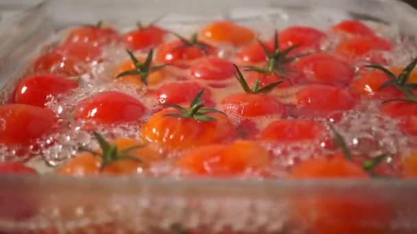 Tomates cerises mûres bouillantes dans une casserole en verre — Video