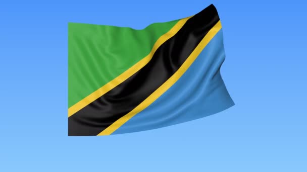 Zwaaiende vlag van Tanzania, naadloze lus. Exacte grootte, blauwe achtergrond. Een deel van alle landen ingesteld. 4k ProRes met alpha — Stockvideo