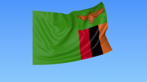 Ondeando la bandera de Zambia, lazo sin costuras. Tamaño exacto, fondo azul. Parte de todos los países establecidos. ProRes 4K con alfa — Vídeo de stock