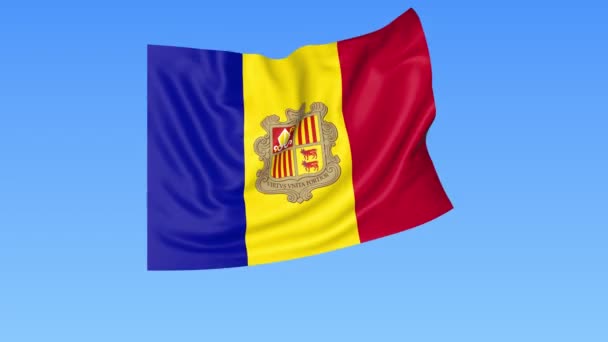 Zwaaiende vlag van Andorra, naadloze lus. Exacte grootte, blauwe achtergrond. Een deel van alle landen ingesteld. 4k ProRes met alpha — Stockvideo