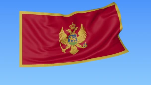 Ondeando la bandera de Montenegro, lazo sin costuras. Tamaño exacto, fondo azul. Parte de todos los países establecidos. ProRes 4K con alfa — Vídeo de stock