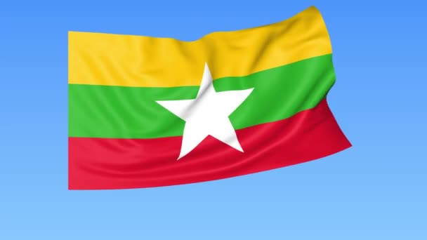 Ondeando la bandera de Myanmar, lazo sin costuras. Tamaño exacto, fondo azul. Parte de todos los países establecidos. ProRes 4K con alfa — Vídeo de stock