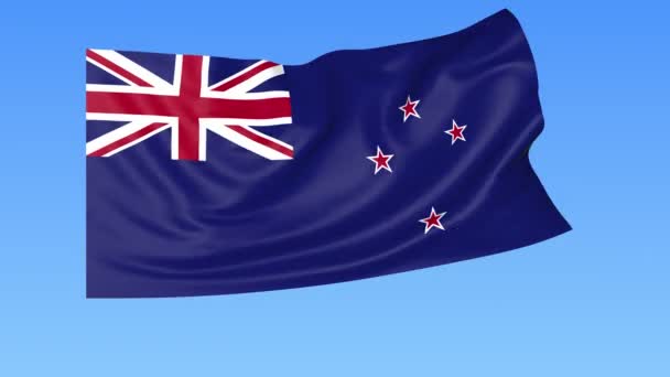 Κουνώντας τη σημαία της Νέας Ζηλανδίας, αδιάλειπτη βρόχο. Ακριβές μέγεθος, μπλε φόντο. Ορίστε το μέρος όλων των χωρών. 4k Prores με άλφα — Αρχείο Βίντεο