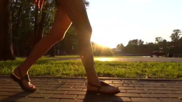 Повільний постріл дівчини в сандалях, що йдуть в літньому парку заходу сонця — стокове відео
