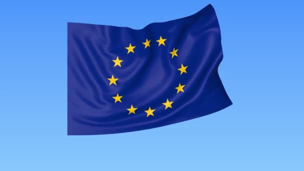 Sventolando bandiera dell'Unione europea, dimensioni esatte, sfondo blu. 4K, loop, ProRes — Video Stock