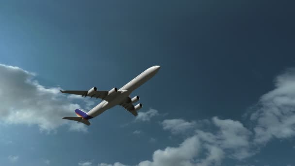 Airbus A340-600 airliner climbing against beautiful cloudy sky, no logo, 4K pan — Stock Video