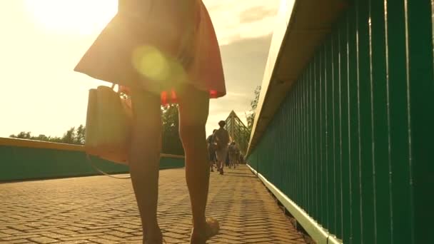 袋とピンクのドレスでスリムな女の子の橋の上を歩きます。スローモーション ステディカム クリップ — ストック動画