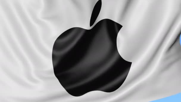 Primer plano de la bandera ondeante con el logotipo de Apple Inc., lazo sin costuras, fondo azul. Animación editorial. 4K ProRes, alfa — Vídeo de stock