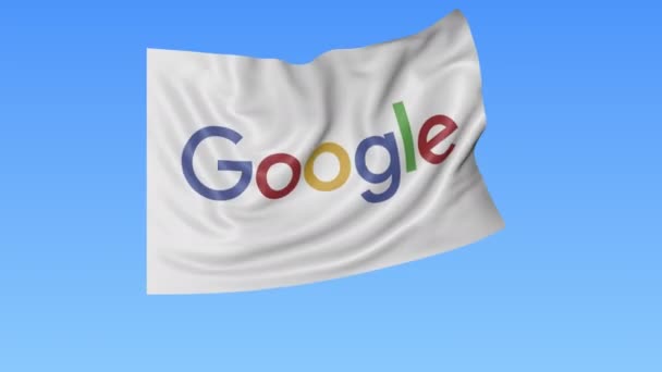 Mengayunkan bendera dengan logo Google, lingkaran mulus, latar belakang biru. Animasi editorial. Profil 4K, alfa — Stok Video