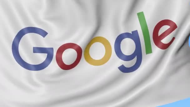 Крупним планом розмахуючи прапор з Google логотип, безшовні петлю, синьому тлі. Редакційна анімації. 4 к Prores, alpha — стокове відео