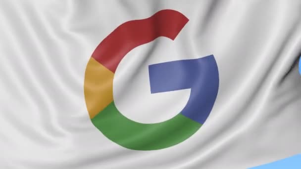 Tutup melambaikan bendera dengan logo Google, loop mulus, latar belakang biru. Animasi editorial. Profil 4K, alfa — Stok Video