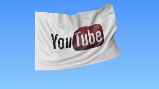 Bandera ondeante con logotipo de Youtube, lazo sin costuras, fondo azul. Animación editorial. 4K ProRes, alfa — Vídeo de stock