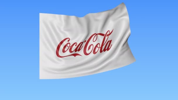 Bandeira ondulada com logotipo da Coca-Cola, loop sem costura, fundo azul. Animação editorial. 4K ProRes, alfa — Vídeo de Stock