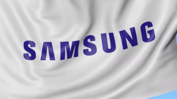 Samsung logo, sorunsuz döngü, mavi arka plan ile bayrak sallayarak kapatın. Editoryal animasyon. 4 k Prores, Alfa — Stok video