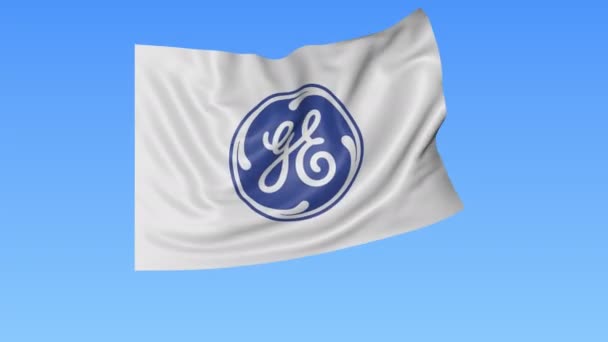 General Electric logo, sorunsuz döngü, mavi arka plan ile bayrak sallıyor. Editoryal animasyon. 4 k Prores, Alfa — Stok video