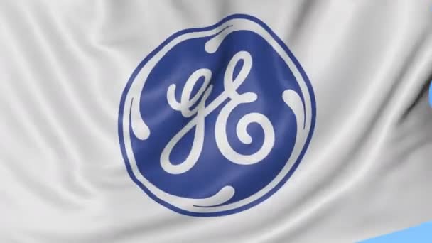 Крупним планом розмахуючи прапором з General Electric логотип, безшовні петлю, синьому тлі. Редакційна анімації. 4 к Prores, alpha — стокове відео