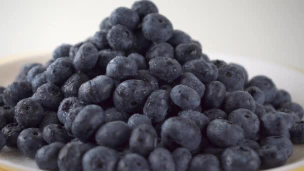 Haufen nasser Blaubeeren auf einem rotierenden Teller 4k close up prores video — Stockvideo