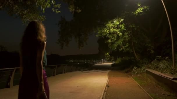 Chica morena hermosa solitaria caminando en el terraplén del parque al final de la noche. Disparo en cámara lenta — Vídeos de Stock