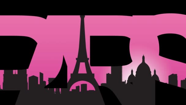 Paris caption and Paris landmarks silhouettes 4K animation. Pink background — Stock Video