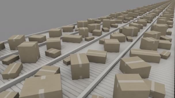 Várias caixas de tamanho movendo-se em transportadores, visão perspectiva. Clipe loopable sem costura 4K — Vídeo de Stock