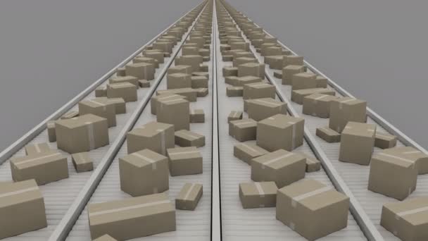Kotak dengan ukuran berbeda bergerak pada konveyer, pandangan perspektif simetris. Klip tak terukur 4K — Stok Video