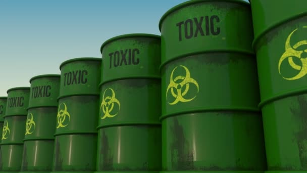 Line of green barrels with biohazard content. 4K seamless loopable animation, ProRes — Stock Video