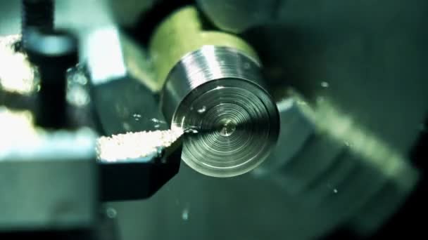 Lathe machine in action, super slow motion. Machining brass piece 250 fps macro shot — Stock Video