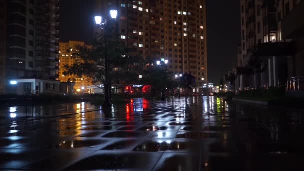 Bella ragazza bruna con ombrello a bandiera del Regno Unito che cammina nella notte piovosa — Video Stock