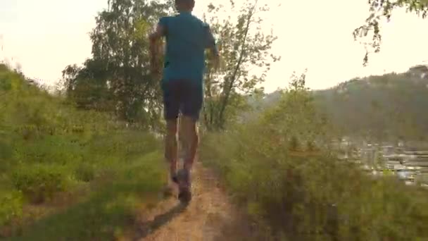 Steadicam-Video eines athletischen Mannes, der auf einem Waldweg läuft, Rückansicht, 4k — Stockvideo