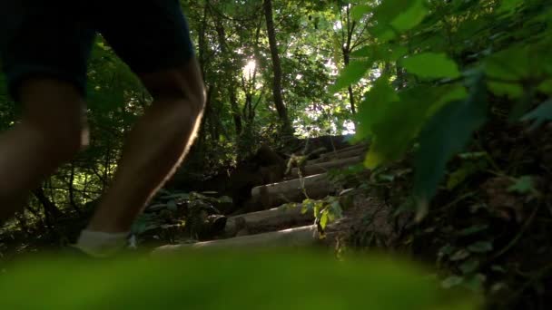 Super-Zeitlupe-Video eines athletischen Mannes, der im Park die Treppe hochläuft, 240 fps — Stockvideo