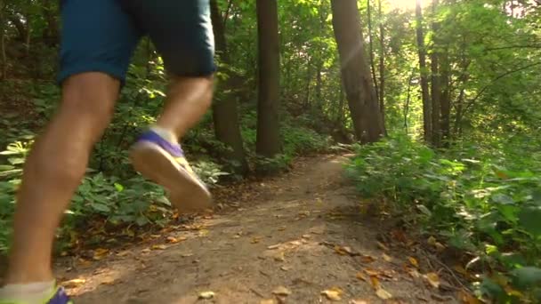 Corredor corriendo cuesta arriba en el bosque. Super cámara lenta steadicam seguimiento de vídeo — Vídeos de Stock