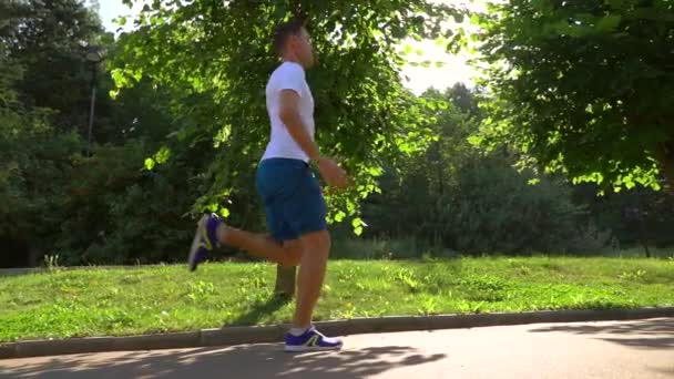 Hombre atlético en camiseta blanca corriendo en el parque contra el sol y los árboles. Tiro stedicam en cámara lenta — Vídeo de stock
