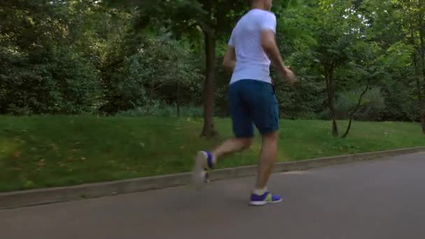 Corredor masculino en camiseta blanca corriendo en el parque. 4K steadicam seguimiento de vídeo — Vídeos de Stock