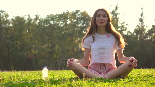 Gadis cantik berambut cokelat duduk dan bersantai di rumput di taman, tembakan 4K — Stok Video