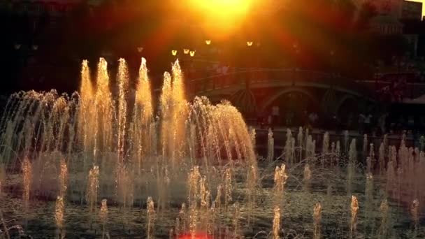 Super slow motion shot fontána nádherný park na západ slunce, oranžové barvy, 240 fps — Stock video