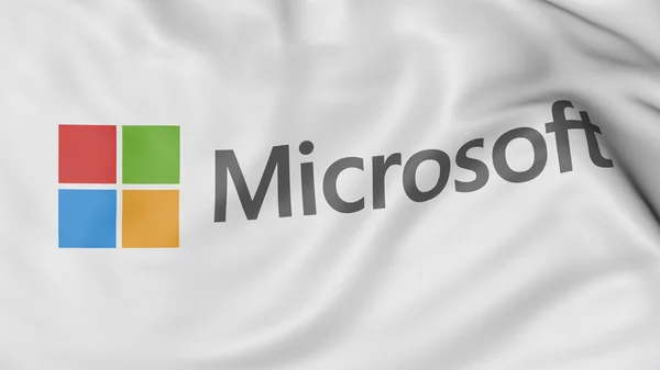 Primer plano de la bandera ondeante con el logotipo de Microsoft. Editorial CGI — Foto de Stock