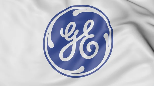 Primer plano de la bandera ondeante con el logotipo de General Electric. Editorial CGI —  Fotos de Stock