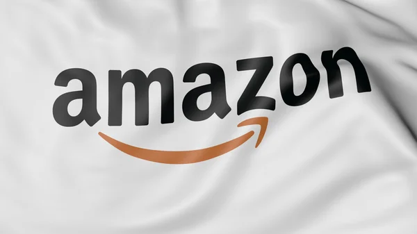 Primo piano della bandiera sventolante con il logo Amazon.com. Editoriale CGI — Foto Stock