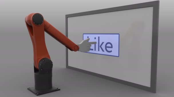 Industriële robotarm duwen als knop. Geautomatiseerde sociale media promotie concept. Naadloze loops, 4 k clip, Prores — Stockvideo