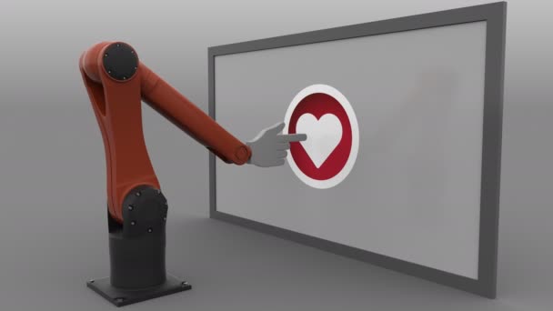 Robotic arm clicking heart-shaped like button. Automated social media promotion concept. Seamless looping, 4K clip, ProRes — Stock Video