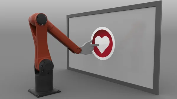 Szív alakú gombra kattintva robotkar. Automatizált szociális média előmozdítása fogalmát. 3D-leképezés — Stock Fotó