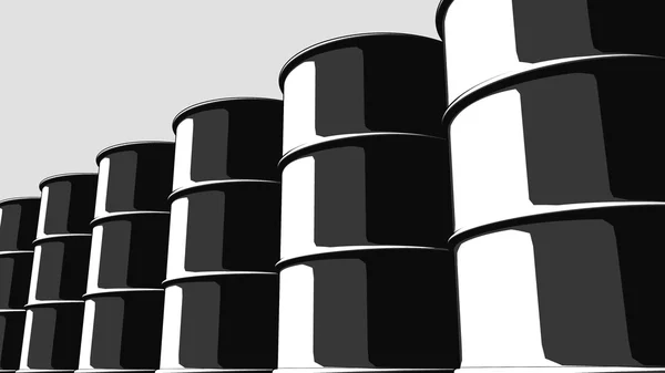 Fila di barili di petrolio nero. Versione cartone animato per presentazioni e reportage. Rendering 3D — Foto Stock
