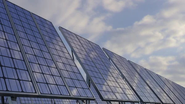 Painéis solares modernos refletindo céu nublado. Geração de energia ecológica renovável. Renderização 3D — Fotografia de Stock