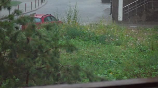 Zware regenval in woonwijk, super slow motion shot — Stockvideo