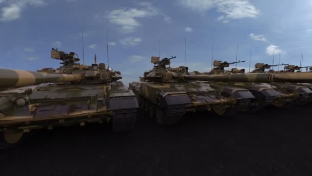 Novos tanques militares com pintura de camuflagem verde e amarela. Clipe 4K loopable sem costura — Vídeo de Stock