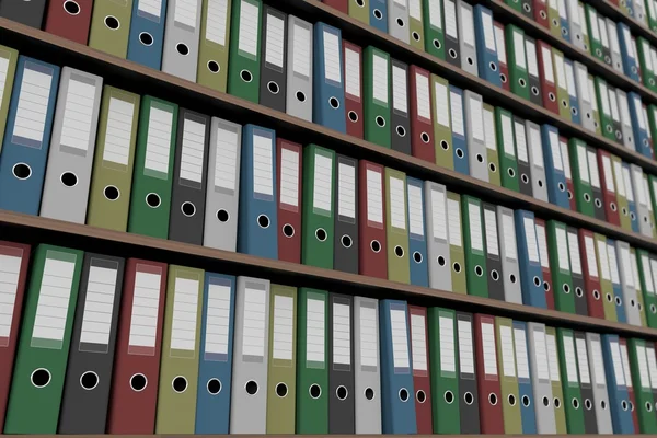 Multiple colorful office binders on shelves, part of the set. 3D rendering — Stock Photo, Image